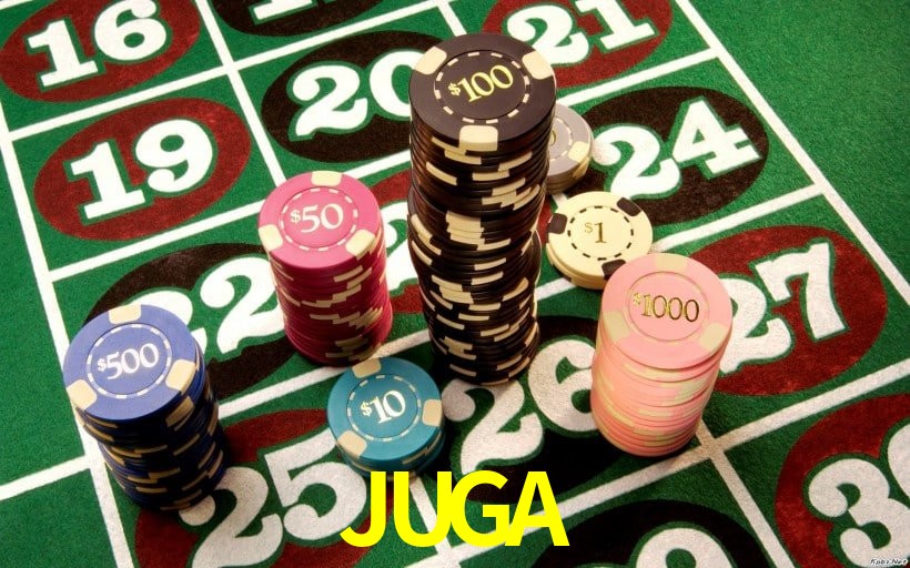 Escena dinámica inspirada en casino con iluminación JUGA, cartas, fichas e íconos de juegos digitales en un espacio moderno de juegos.