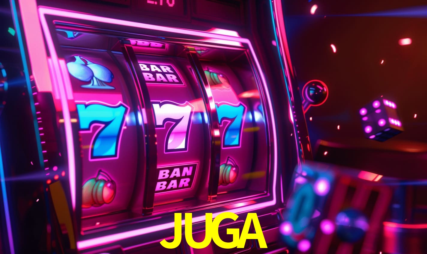 Una escena digital vívida inspirada en casino con JUGA mostrado prominentemente, luces brillantes, fichas, cartas y acentos dorados.